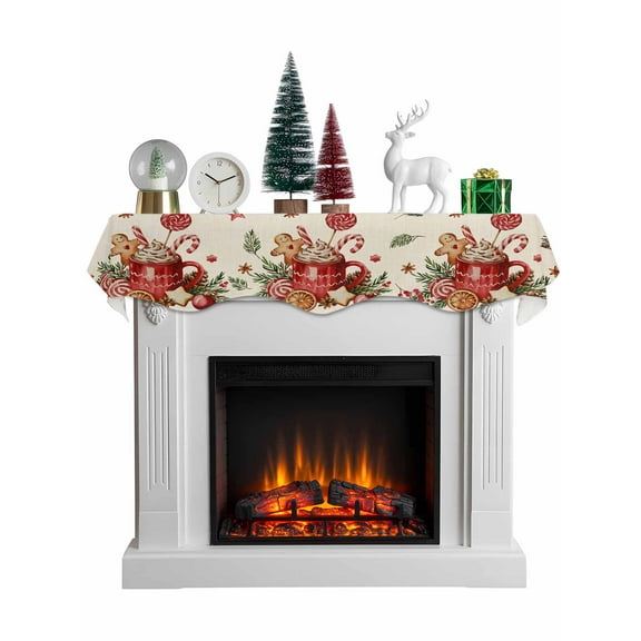 Christmas Gingerbread Mantel Scarf Fireplace Decorations for Living Room, Winter Xmas Ball Candy Pine Leaf Beige Fireplace Mantel Scarf Cover Runner for Thanksgiving/Christmas Decor 60"x17"