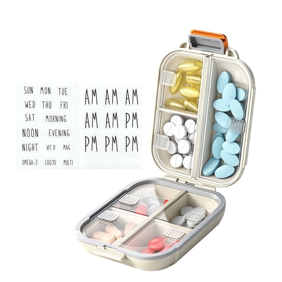 KUEON Daily Use Pill Organizer with Labels, Pill Box Easy to Open 7 Compartments, Portable Travel Pill Case White(Small)