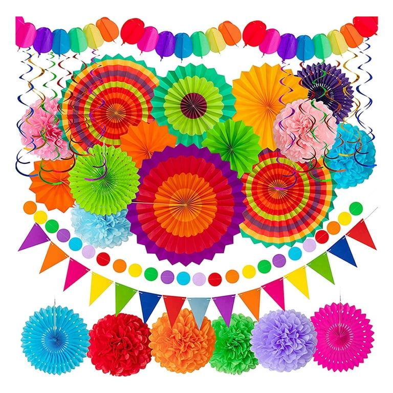 Assorted Paper Fans Garlands and Pom Poms Wall Hanging Decorations