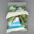 thumbnail image 2 of Ocean Duvet Cover Set, Shadow Shade of a Coconut Palm Tree on White Sandy Seashore Image, Bedding Set with Shams and Fitted Sheet, 3 Sizes, by Ambesonne, 2 of 3