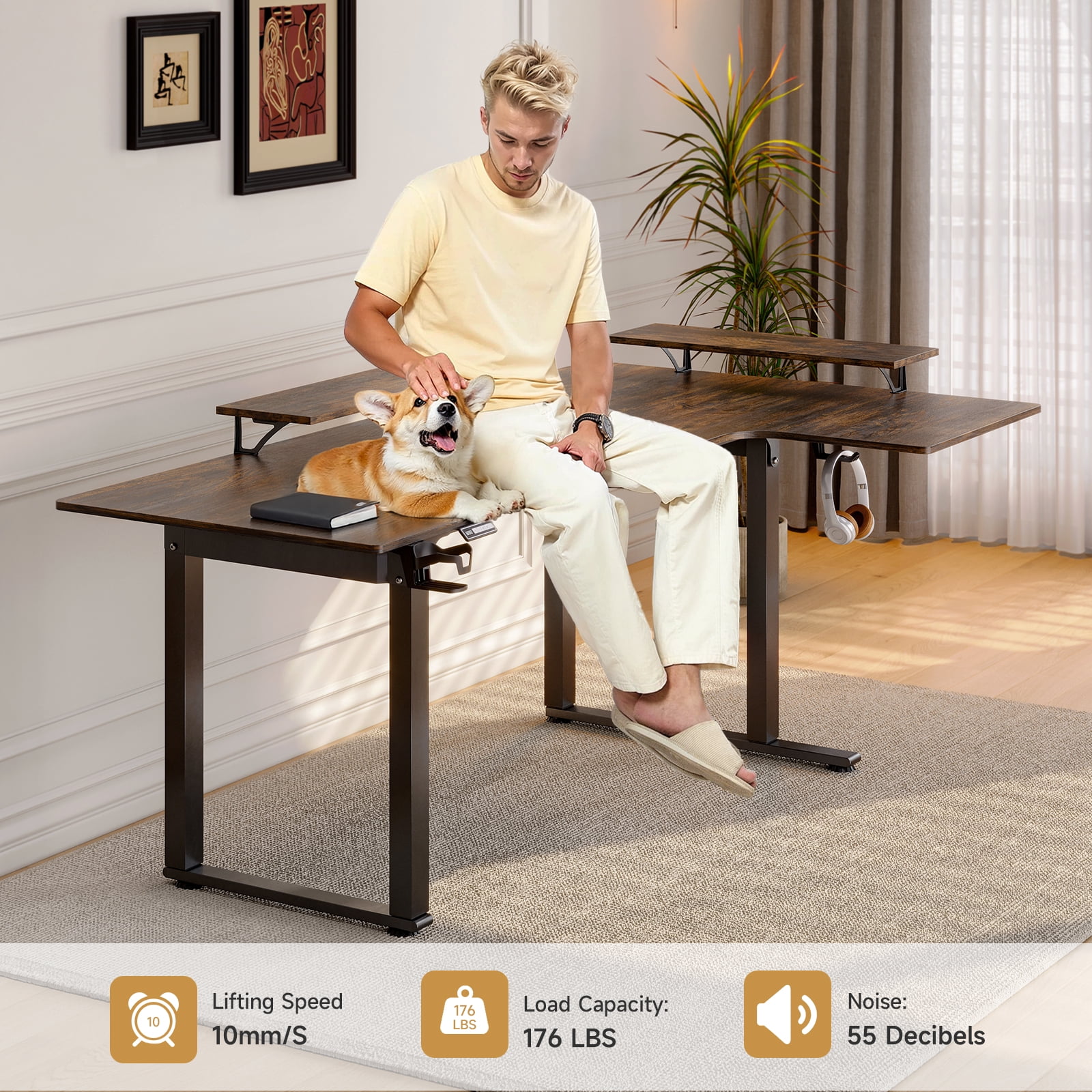 71x43 Inches L Shaped Standing Desk, Electric Stand Up Desk with 2 Adjustable Monitor Shelves and Adjustable Height from 28-46 Inches   for Home and Office, Rustic Brown