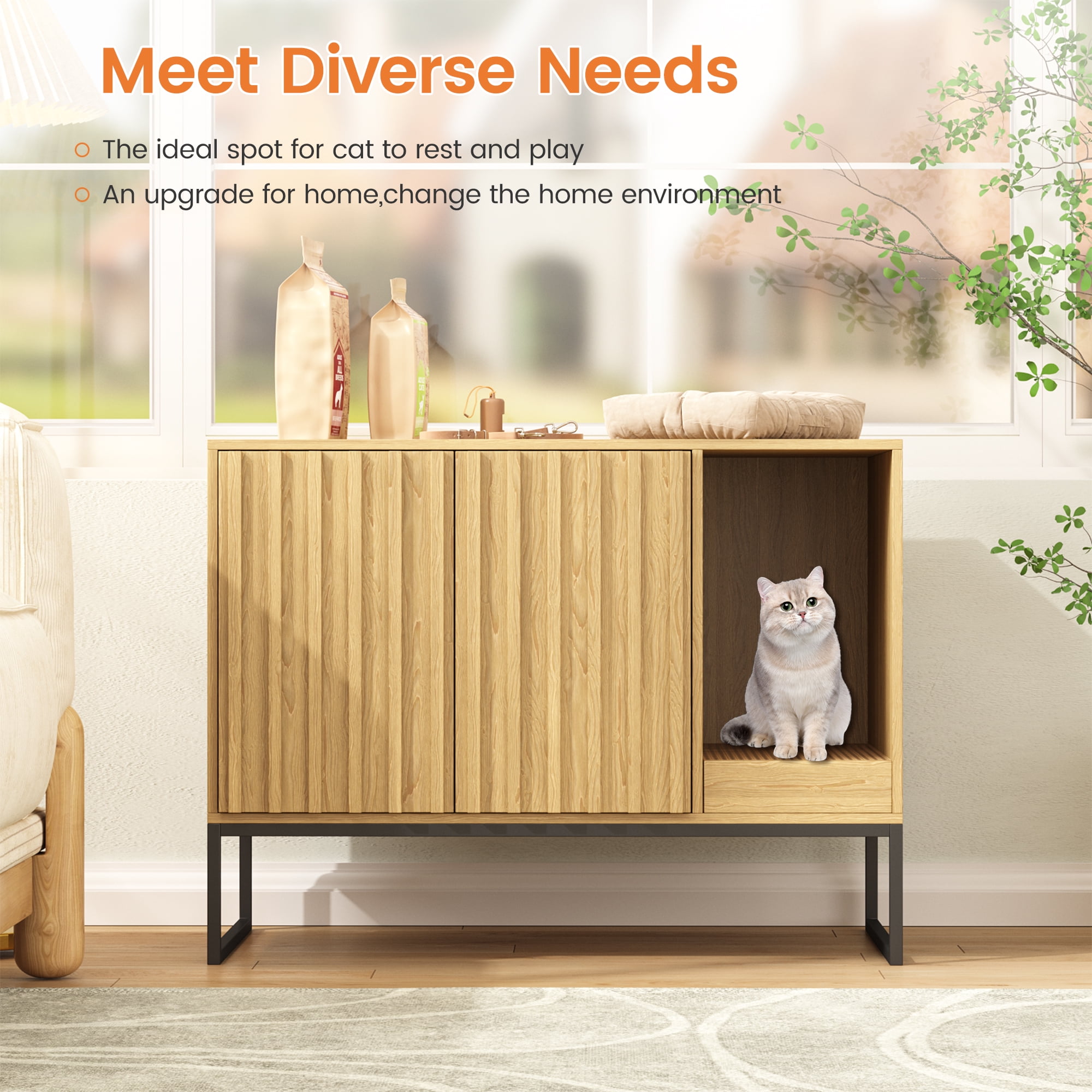 VEANERWOOD Cat Litter Box Enclosure Furniture, Wood Hidden Litter Box with Cat Scratch Pad, Beige