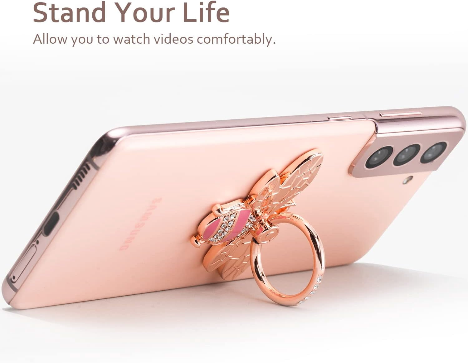 MKEUDQ-Cute Bee Phone Ring Grip Holder, Bling Phone Ring Holder Finger Kickstand Grip Compatible with iPhone and Android Phone Cases (Rosegold)