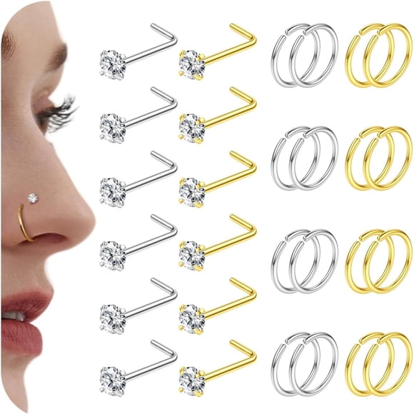 28PCS Hypoallergenic Nose Rings Hoops Studs - 316L Stainless Steel Nose Ring for Women Men - L Shaped CZ Nose Stud Hoop Nostril Piercings Jewelry Set 18G 20G 22G Silver Rose Gold Black Rainbow