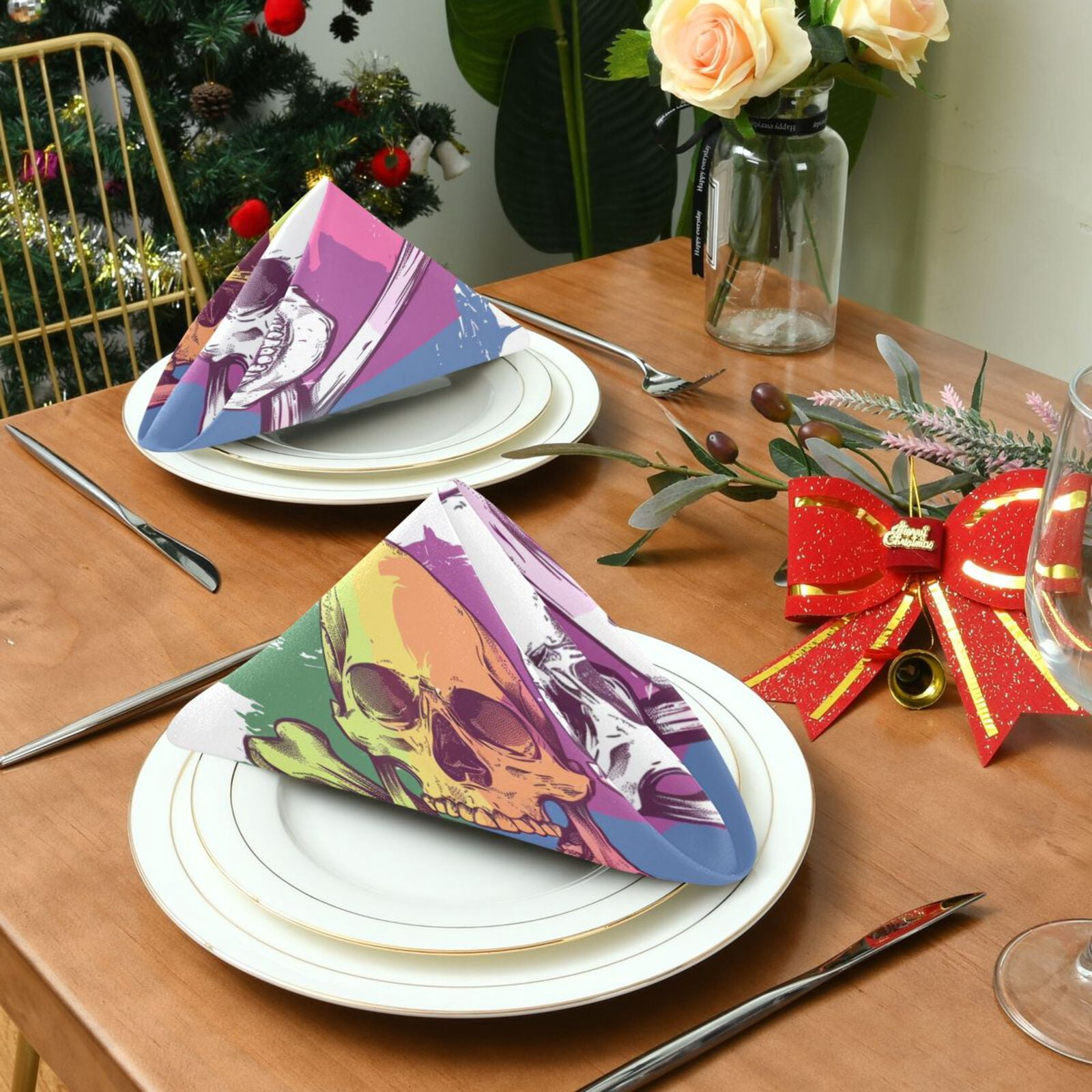 JSTEL Skull Bone Rainbow Color Cloth Napkins Set of 6, 20x20 Inch Washable and Reusable Napkin for Decoupage Dinner Party Everyday Use