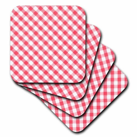 

3dRose Red and white Gingham pattern diagonal checkered checks rustic retro country cottage dining kitchen - Soft Coasters set of 4