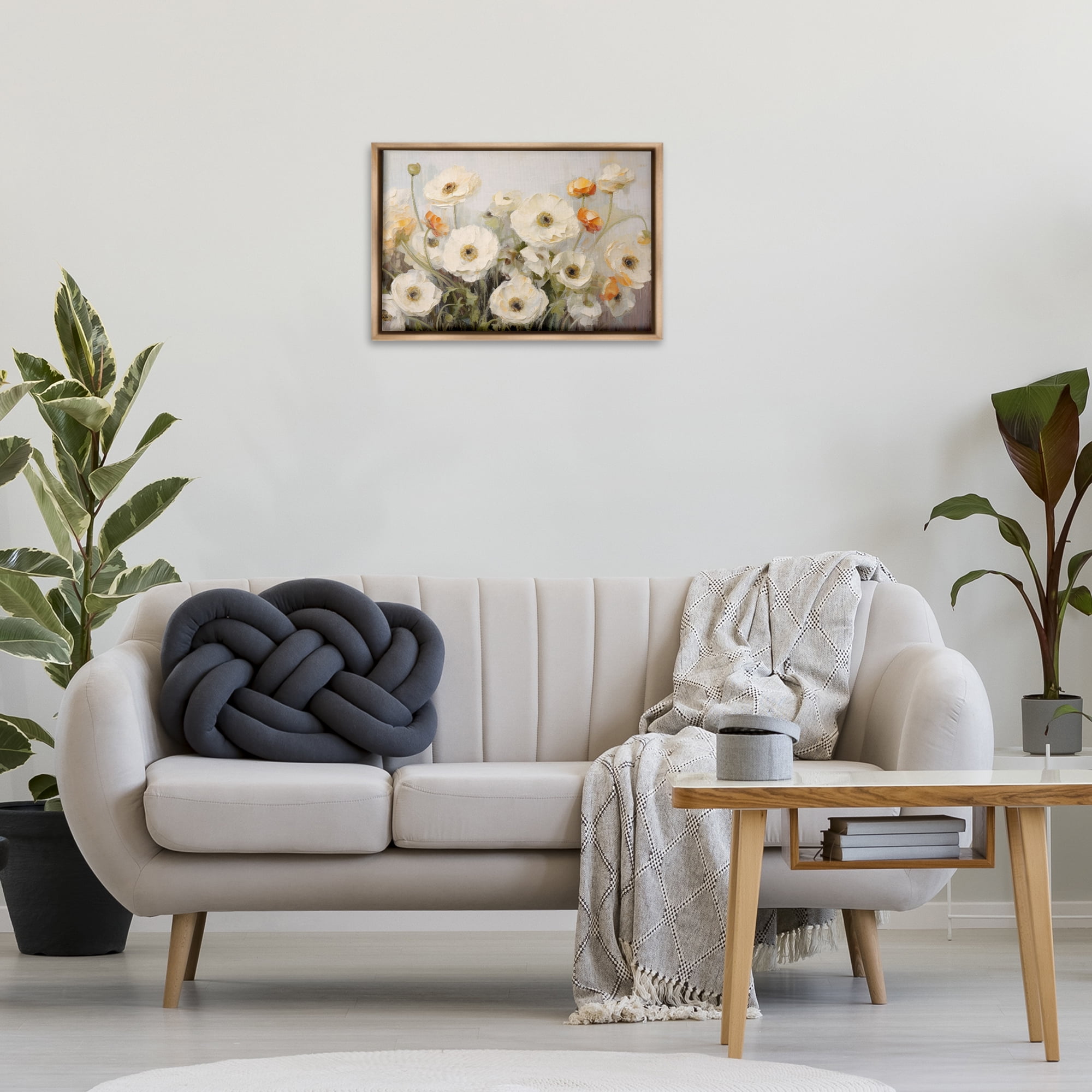 Stupell Industries White Ranunculus Blooms Plants & Flowers Painting Brown Floater Framed Canvas Art Print Wall Art, 25 x 17