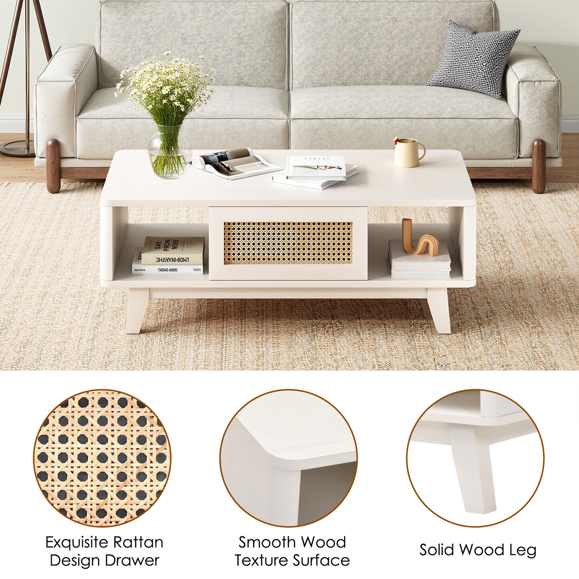 MAYEERTY 44"White Modern Square Wooden Coffee Table with Rattan Drawer for Living Room