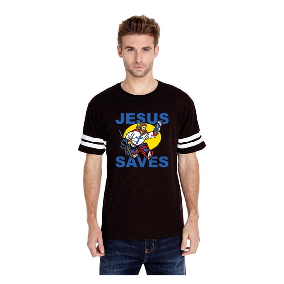 Mens Football Fine Jersey T-shirts - Jesus Saves Hockey Goalie