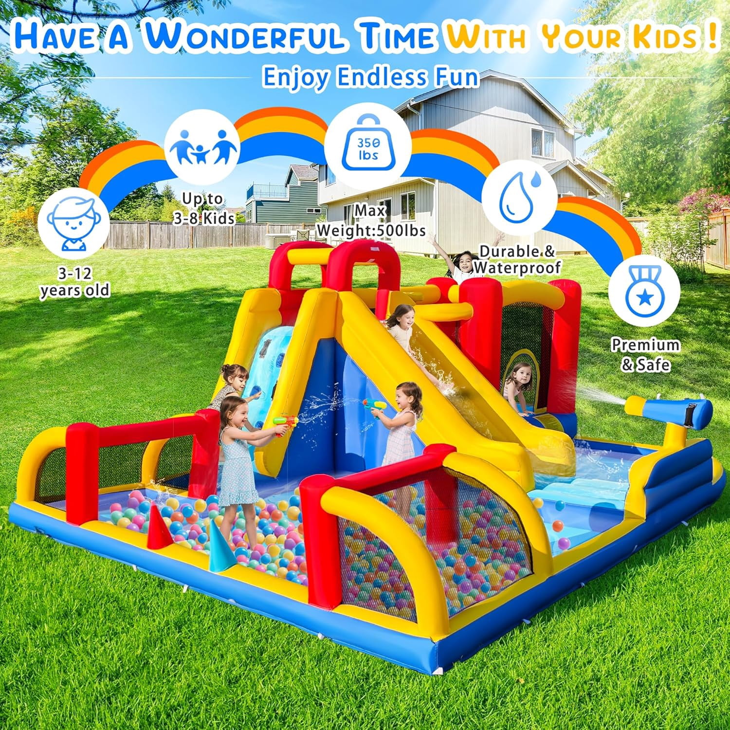 Cuoote Inflatable Water Slide for Kids, 8 in 1 Giant Water Park for Backyard Outdoor with Long Slide, Air Blower, 2 Mins Blow Up