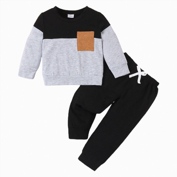 HFHAPW Toddler Baby Boy Fall Winter Clothes Color Block Long Sleeve Sweatshirt Pullover Tops Joggers Pants Outfit Set 0 6 12 18 24 Months 2T 3T 4T 5T 6T 7T 8T 9T(Black,12-18 M)