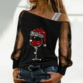 thumbnail image 4 of Fiaer Christmas Women Long T Shirts Sequin Mesh Tops Print Casual Splice off Shoulder Cold Loose Sleeve T-Shirt Shiny Tee Red S, 4 of 4