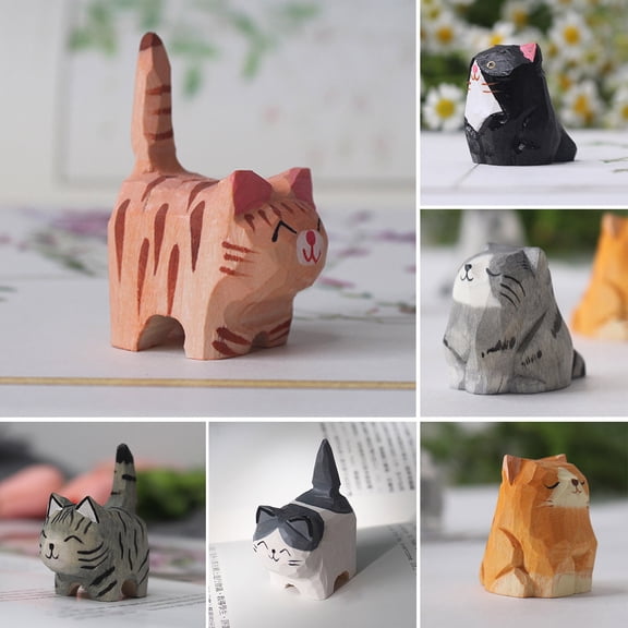 Dserhfy Wooden Carved Cat Figurine Handmade Woodcarving Art Kitten Statue Small Animal Sculpture Home Office Desktop Decoration Ornament
