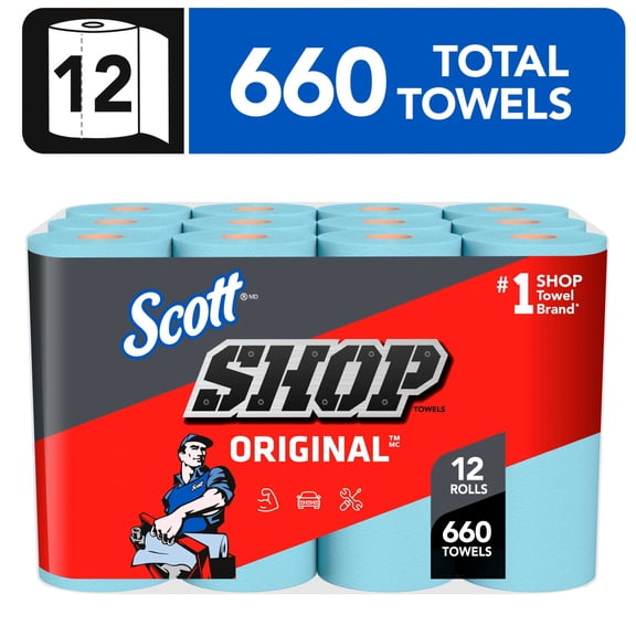 Scott® Shop Towels Original™ (75147), Original Blue Shop Towels, 9.4"x11" sheets (55 Towels/Roll, 12 Rolls/Case, 660 Towels/Case)