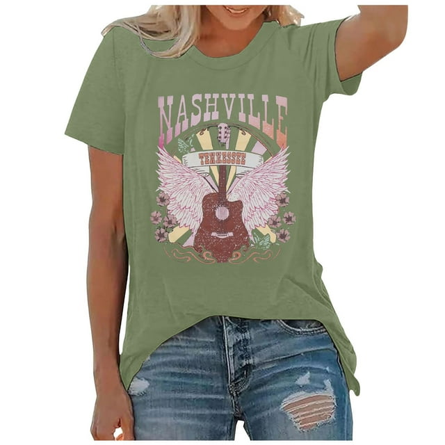 WEIYLL T-Shirt Femme Musique Country Vintage Imprimé Graphique Manches Courtes T-Shirts Vert Clair Tailles P