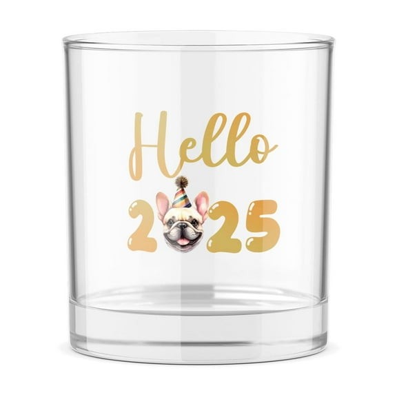 Hello 2025 French Bulldog Celebrates Happy New Year Firework Balloon 11oz Whiskey Glass Mug Dog Lover Gifts Whiskey Cocktail Glasses Cup - 02024