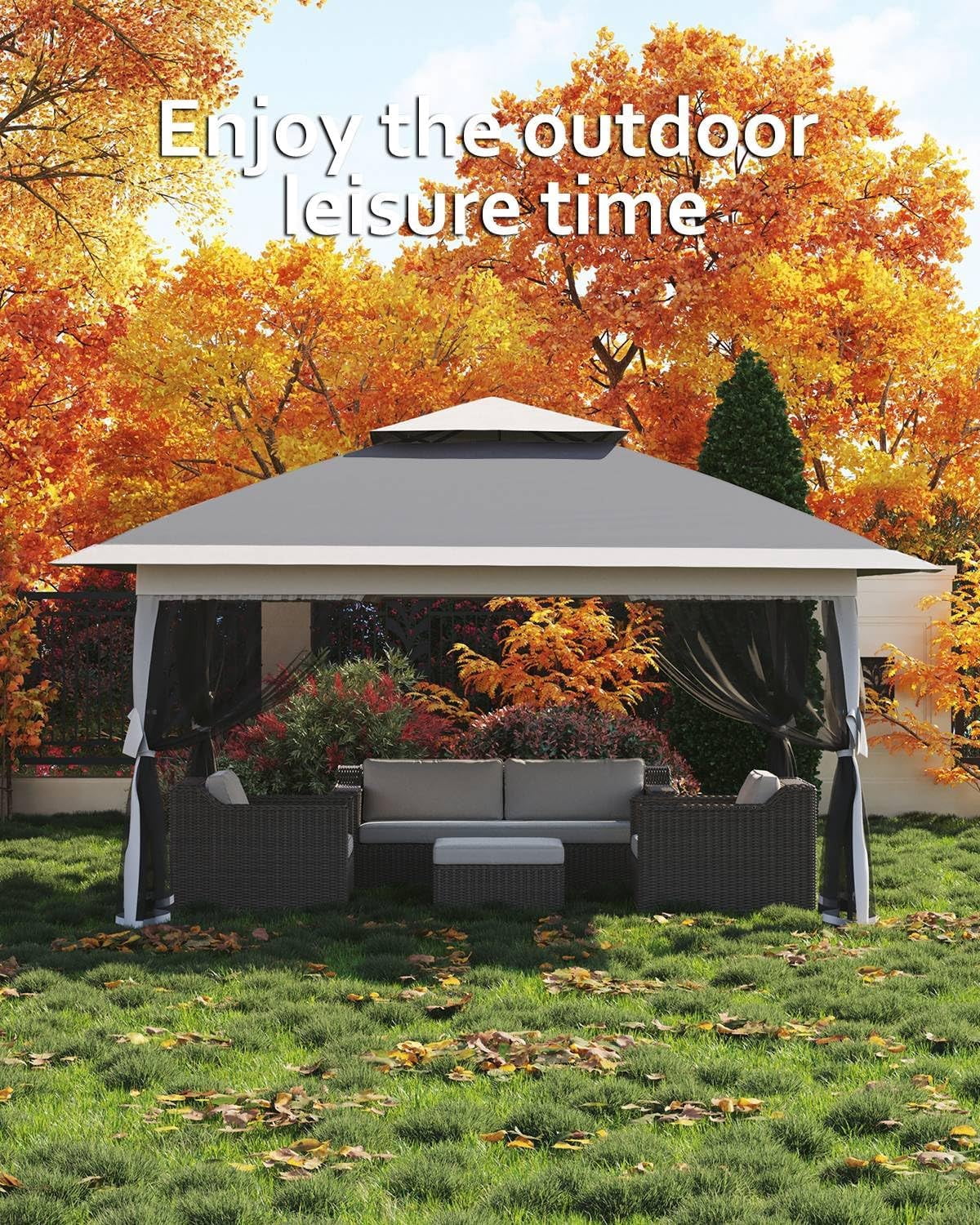 Luku 13x13FT Pop Up Gazebo, Canopy Tent with Mosquito Netting - Outdoor Gazebo for Backyard & Patio Furniture - Pop Up Tent with Wheeled STO-N-Go Cover Bag