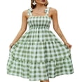 thumbnail image 1 of Femmes Robe d'Été à Carreaux Froncée Sangles d'Épaule Cravate Casual Longue Robe Dames Plage Chic une Pièce, 1 of 7