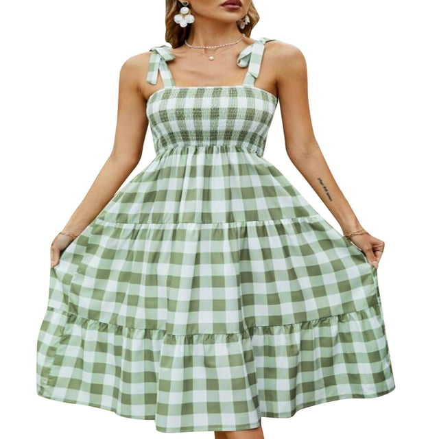 Femmes Robe d'Été à Carreaux Froncée Sangles d'Épaule Cravate Casual Longue Robe Dames Plage Chic une Pièce