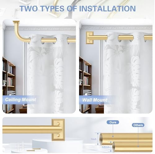Gold Wrap Around Curtain Rods 72 to 144":Blackout Heavy Duty Adjustable Long Window Curtain Rod Room Darkening,Modern Industrial Curved French Return Metal Drapery Rods Easy Install,Brass Gold