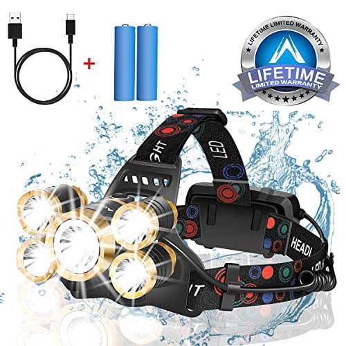 Headlamp Rechargeable,12000 Lumen Ultra Bright 5 LED Headlight  Flashlight,Brightest USB Rechargeable Headlamps,Waterproof Zoomable Head  Lamp 4 Modes 
