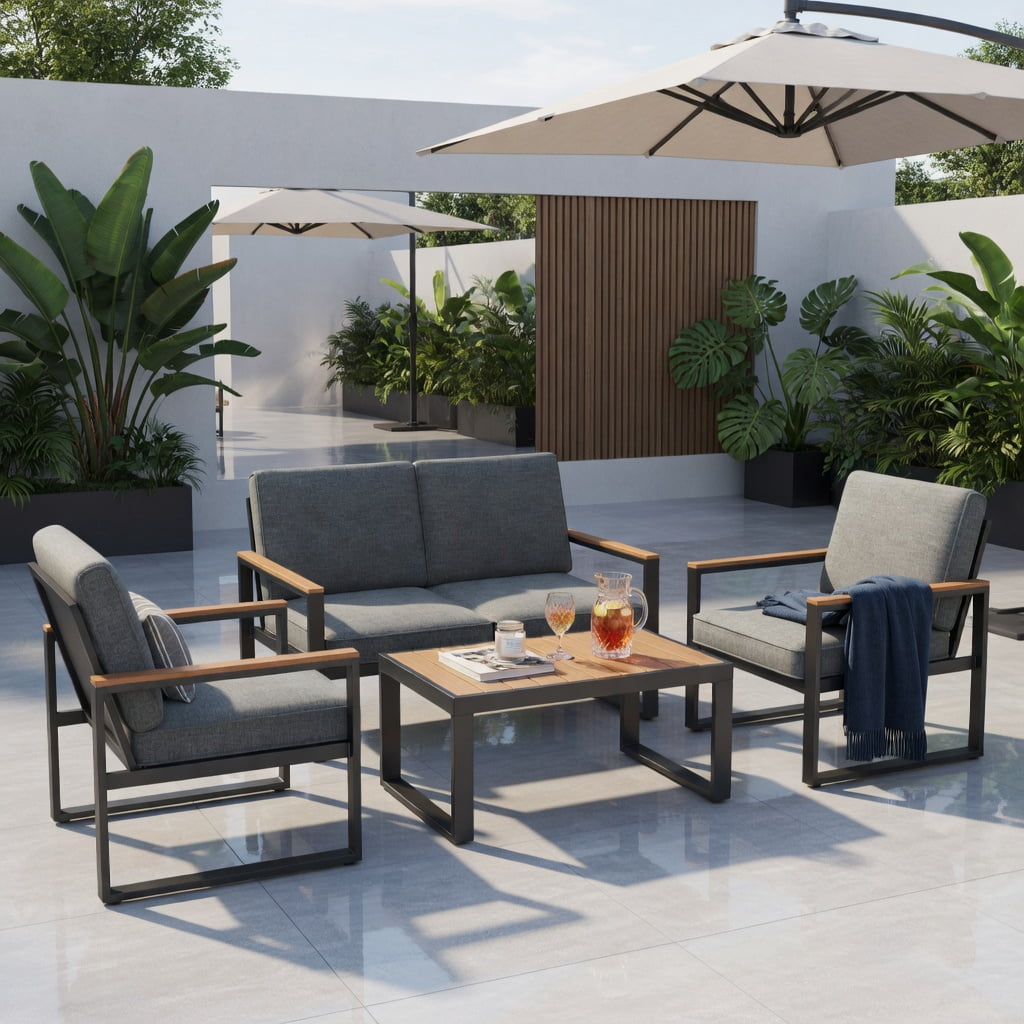 Hommoo Modern Aluminum Patio Armchair Set of 2 with Gray Olefin Cushions, Weather-Resistant, Easy Assembly for Balcony, Backyard & Poolside, Gray