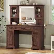 VEANERWOOD Farmhouse Makeup Vanity Table with Mirror and Led Lights, 45"W Vanity Desk with Glass Door & Large Drawer and Storage Cabinet, Adjustable Shelves