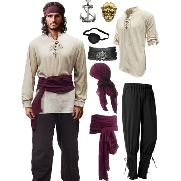 Disfraz de Pirata para Hombre Verceco, Conjunto Renacentista de 8 Piezas, Talla 3XL