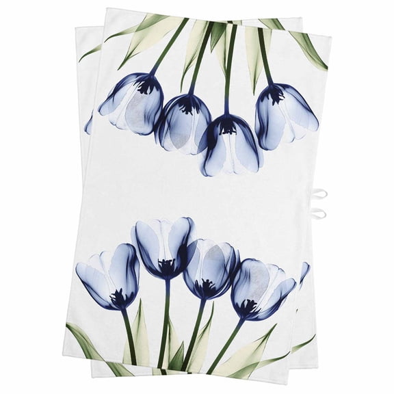 Light Blue Tulip Kitchen Towels Set of 2, Water Absorbent Dish Towel, Farmhouse Elegant Flowers Botanical Decorative Hand Towels - Quick Drying Cloth for Cooking Baking, 18x28 Inch