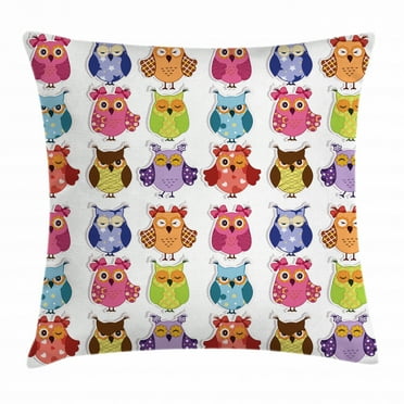 Nursery Throw Pillow Cushion Cover, Set of Cartoon Owls with Various Emotions Sleepy Smiling Confused Sad Gestures, Decorative Square Accent Pillow Case, 20 X 20 Inches, Multicolor, by Ambesonne