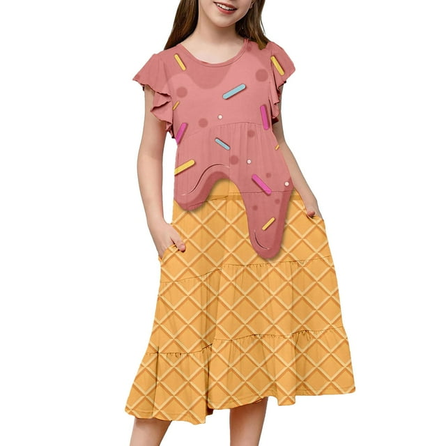 Robe Fille Manches Volantes Imprimés Fête Performance Danse Robes de Fête Filles Or Rose 14 Ans-15 Ans