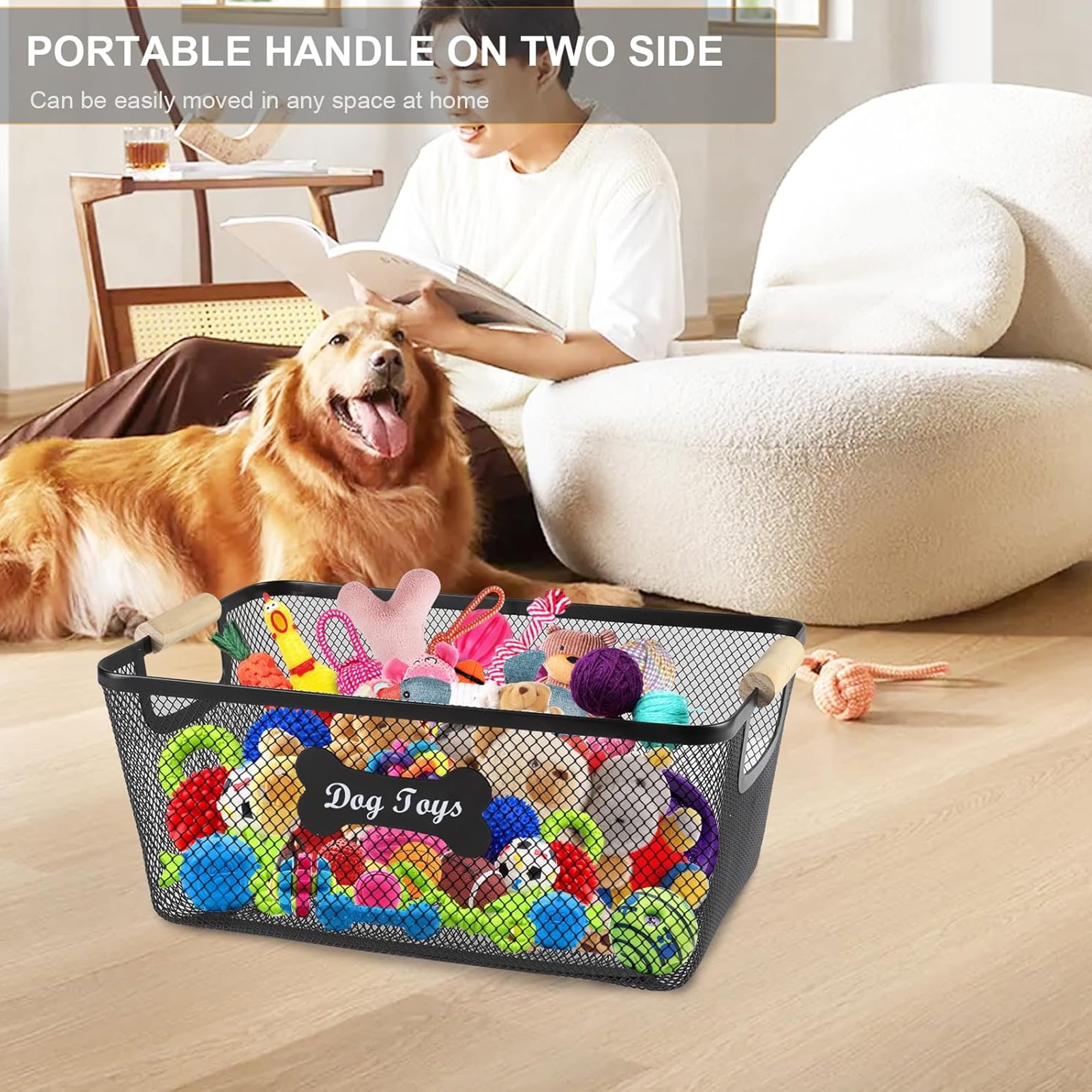 Brabtod Dog Toy Basket, Metal Large Storage Basket, Dog Toy Storage Bin for Dog, Dog Toy Organization & Storage, Ideal for Dog Leash, Blanket, Toys, Snacks-Chewproof,Black