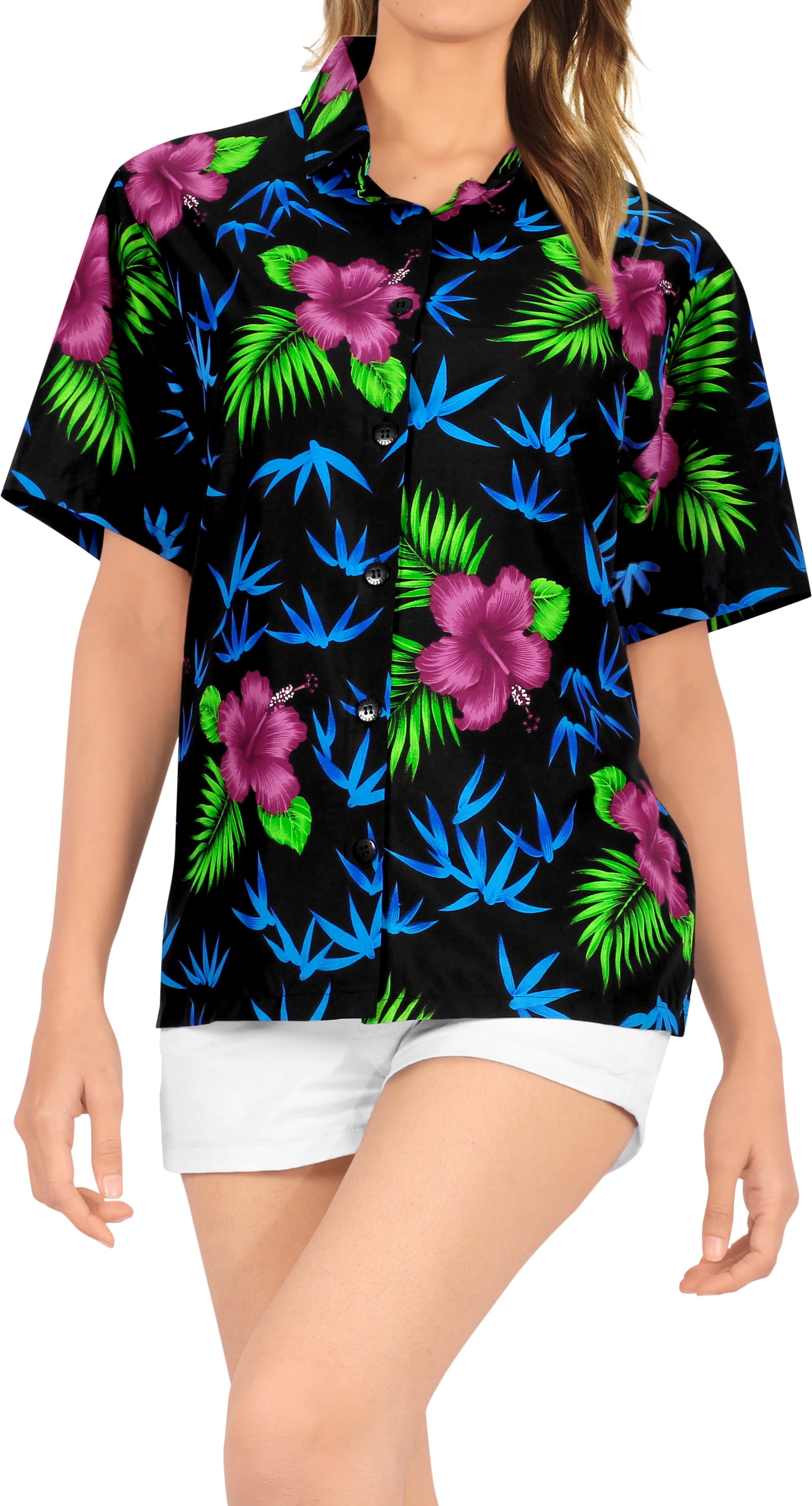 HAPPY BAY Women's Golf Hawaiian Blouse Shirt Beach Camp Aloha Shirt M