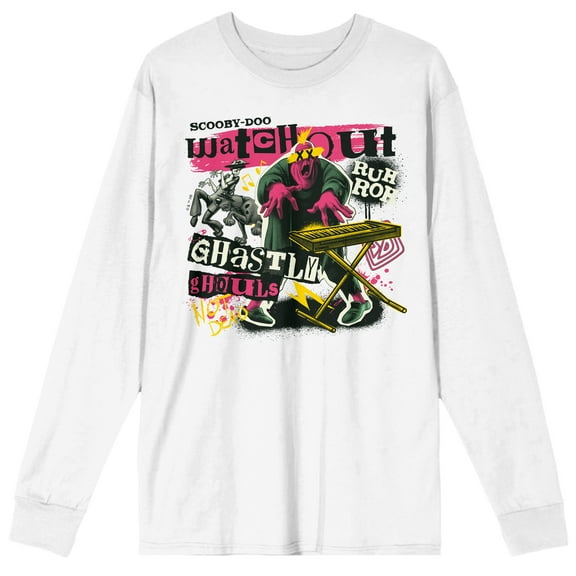 Scooby Doo Ghastly Ghouls Piano Crew Neck Long Sleeve Adult White Tee-Medium