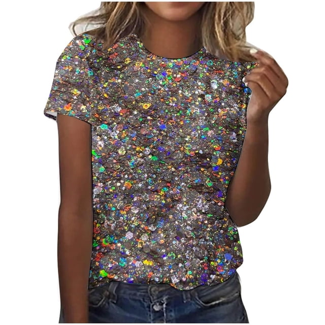Liquidation! Uooqdmx Hauts Scintillants pour Femmes, Hauts à Sequins pour Femmes, Chemises à Manches Courtes pour Femmes, T-Shirt Décontracté à Col Rond Imprimé à Sequins, Hauts de Printemps pour Femmes 2025, Argent 2 TTG
