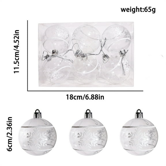 Luxcidy 6PCS Clear Christmas Balls with White Pattern, Clear Christmas Baubles - 2.36 Inch Plastic Tree Ornaments with White Pattern for Holiday Decor