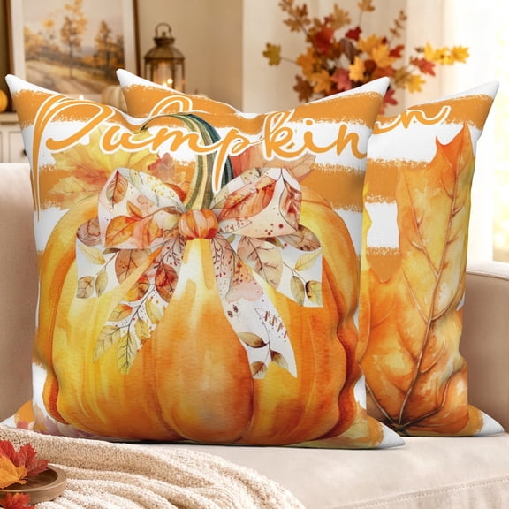Fall Pumpkin Maple Leaf Throw Pillow Covers 18x18 Set of 2 Double-Sided Orange Striped Pillow Case Autumn Thanksgiving Decor for Couch Sofa