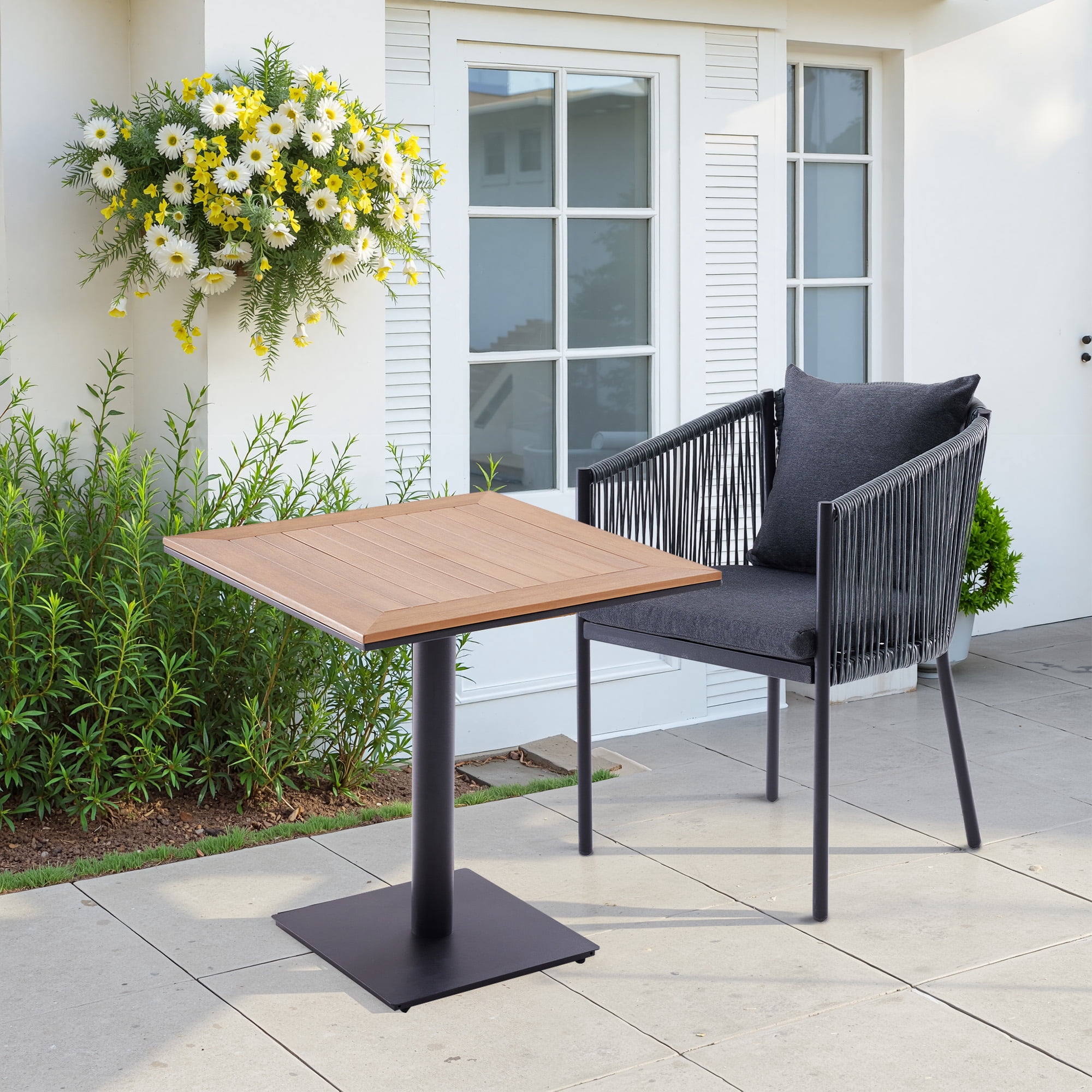 MAYEERTY Gray 5-Piece Outdoor Rattan Dining Set:4 Chairs with Cushions & Square Wood-Look Table, Weatherproof