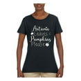 thumbnail image 2 of Wild Bobby Autumn Leaves and Pumpkins Please Black and White Distress Filter Halloween Women Graphic Tee, Black, Small, 2 of 6