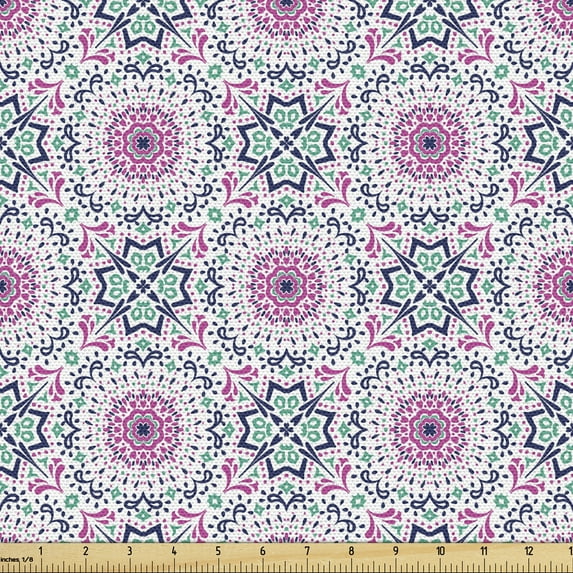 Moroccan Fabric by the Yard, Mediterranean Oriental Inspired Rhythmic Illustration, Decorative Upholstery Fabric for Sofas and Home Accents, Pink Sea Green by Ambesonne