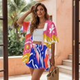 thumbnail image 3 of FKEKYI Art Flower Print Women's Summer Short Set 2 Piece Set Open Front Shirt Top Relaxed Shorts with Elastic Waist Soft Lounge Sets Vacation Outfits for Ladies, M, 3 of 7