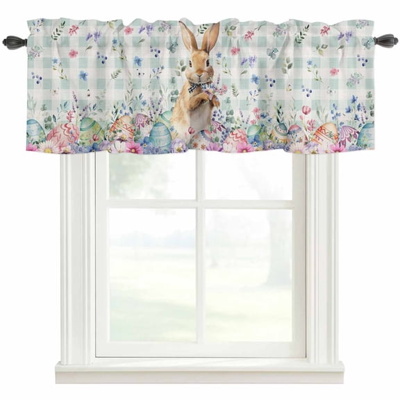 Bunny Easter Rod Pocket Curtain Valance, Spring Floral Rabbits Checkered Farmhouse Farmhouse Window Valance for Living Room, Bedroom, Kitchen 60"W x 18"L