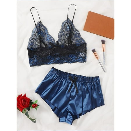 Women s Lingerie  Lingerie for Women Plus Size  Sexy Lace Lingerie Set for Women Silk Pajamas Sleep & Lounge  Naughty Thong  Sling Top and Shorts Pajama Set Soft  Blue(XXL)