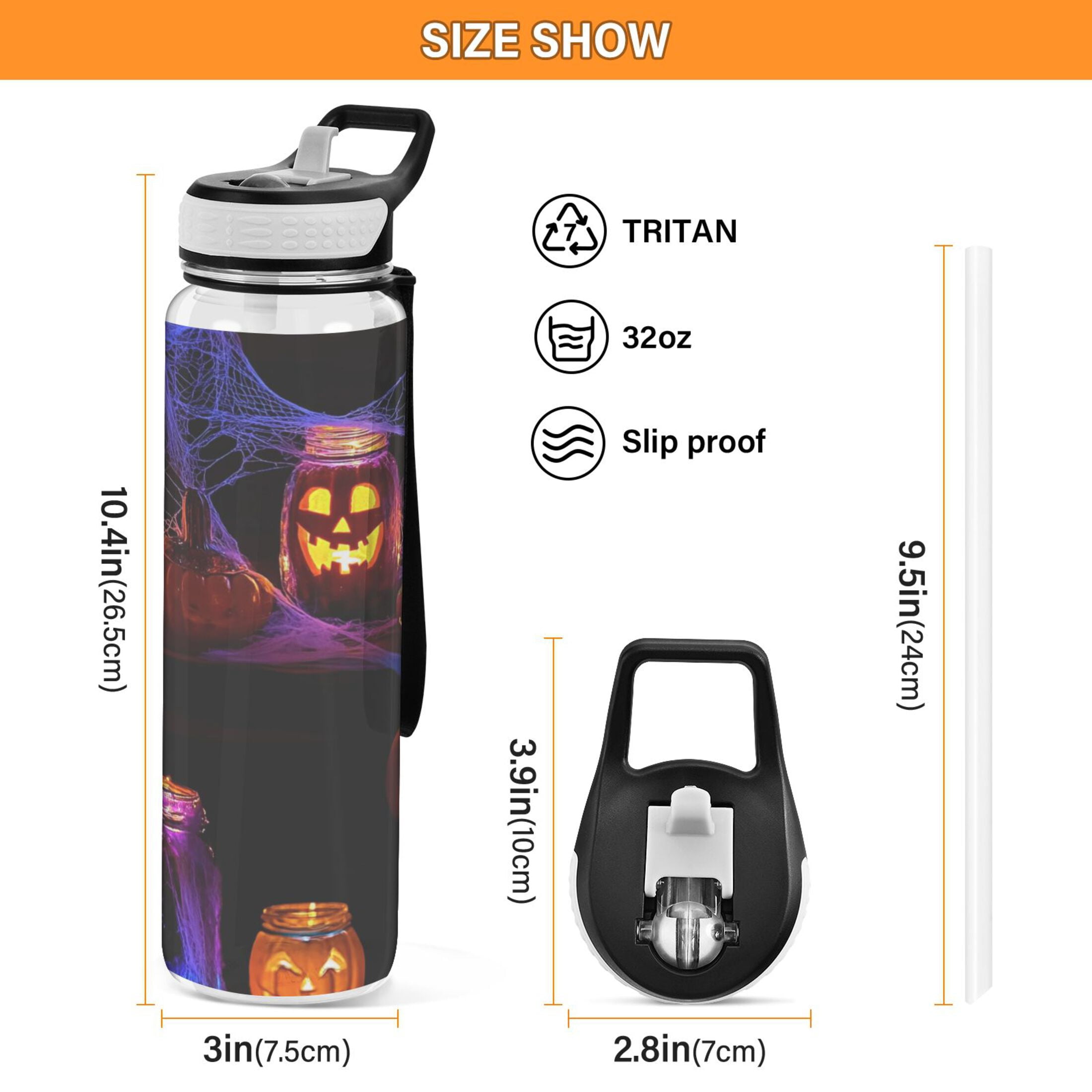 32oz Transparent Sports Water Bottle with Straw for Kids Adults Outdoor School Gym Fitness Glass Jars with Carved Faces