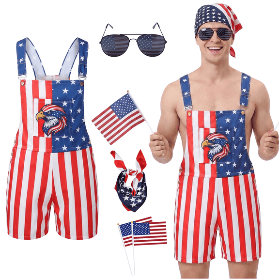 Alaiyaky American Flag Overalls Shorts for Men Women 4th of July Costume Red White and Blue American Flag Overalls