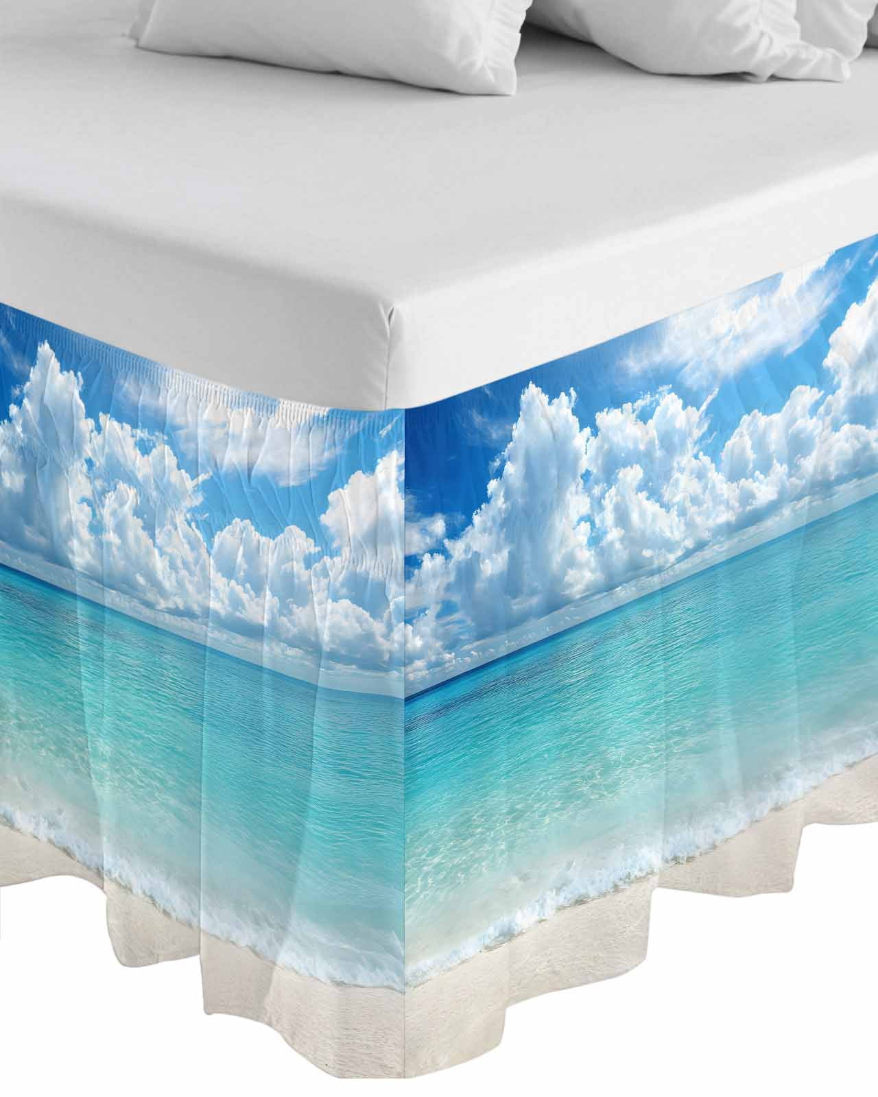 Ocean Blue Bed Skirt Queen Size, Beach Nature Coast Sea Shore Sky Seawater Wrap Around Bed Skirting with Adjustable Elastic Strap, Dust Ruffle Pleated Bedskirts 16 Inch Drop for Bedroom Queen Beds