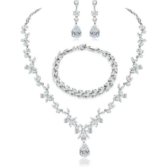 Elegant 3-Piece Jewelry Set, Sparkling White CZ & Adjustable Designs, Hypoallergenic Women's Necklace Earrings Bracelet Collection for Party, Evening and Daily Wear