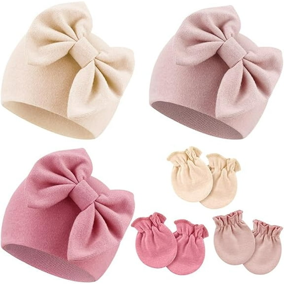 Newborn Baby Hats and Mittens Set Infant Bow Beanie Cap Toddler Gloves Newborn Hospital Hats for Baby Boy Girl Kid 0-6 Months
