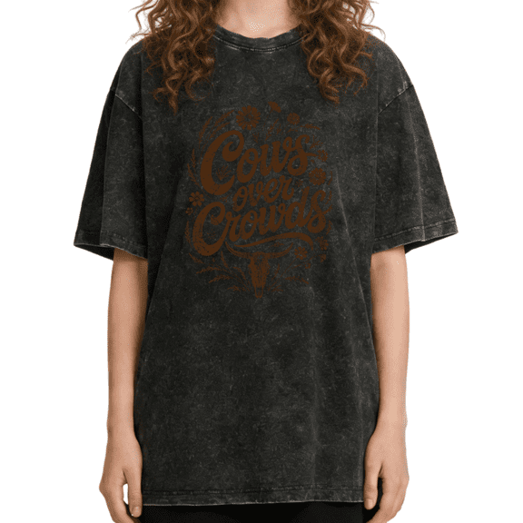 UNISHE Women's Cows Over Crowds Script Lettering Floral Wreath Bull Skull Western Wash Short Sleeve T-shirt Relaxed Fit