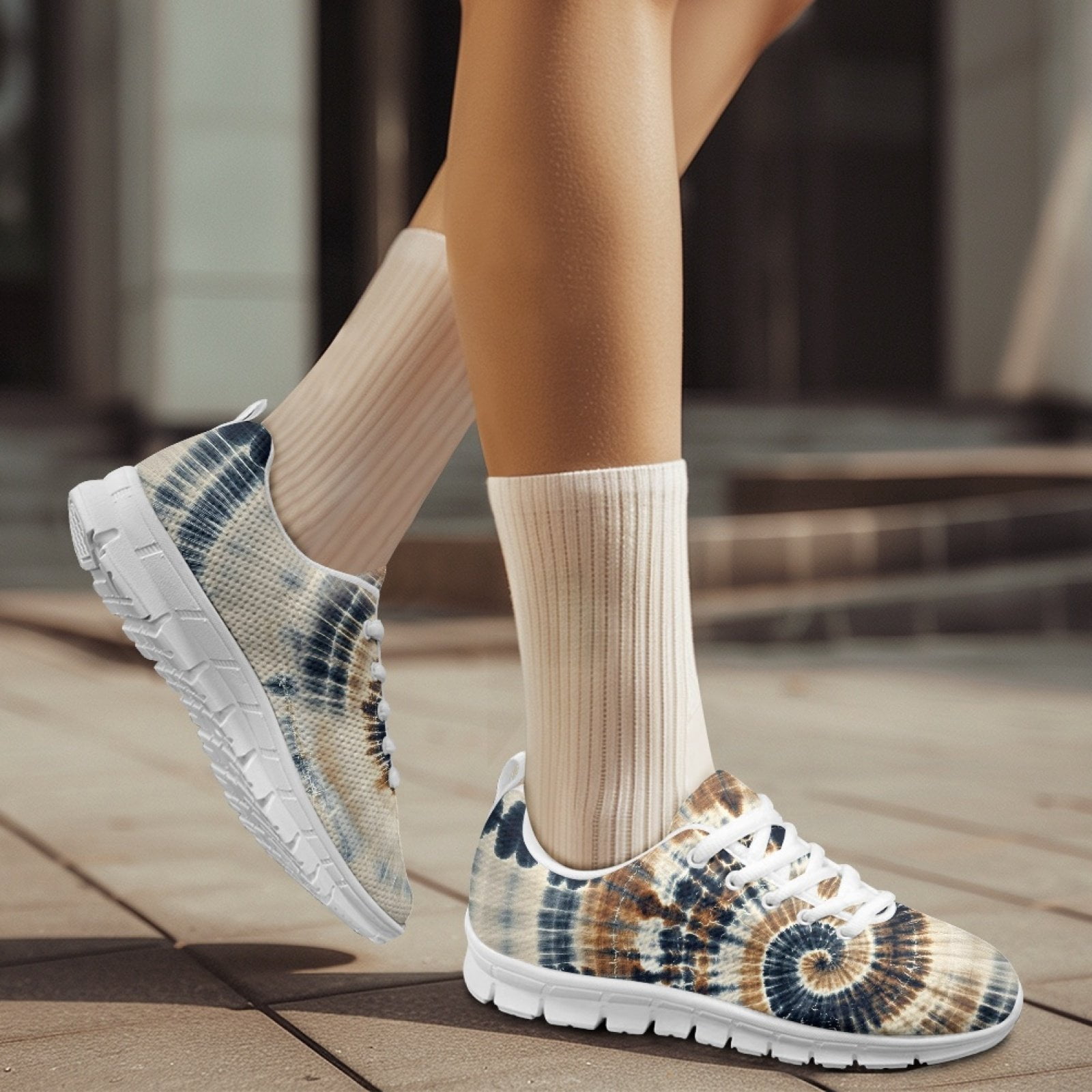 COEQINE Brown Blue Tie-dye Women Running Shoes Lace-up White Sole Cute Girls Sneakers Hiking Camping Soft Training Athletic Footwear Tennis Shoes